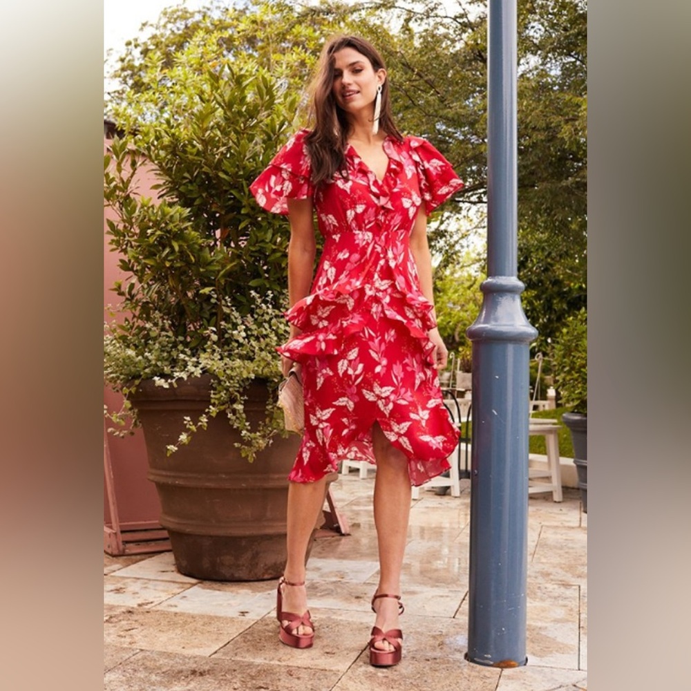 La Maison Talulah “Pollen” ruffle midi dress in red/ pink leaf print